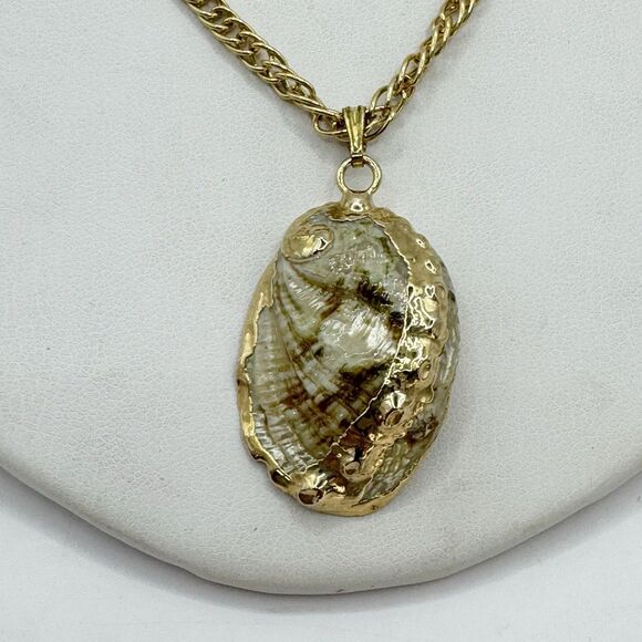 Vintage Gold Dipped Abalone Shell Long Necklace Coastal Beachy Bohemian 27” - Picture 11 of 11